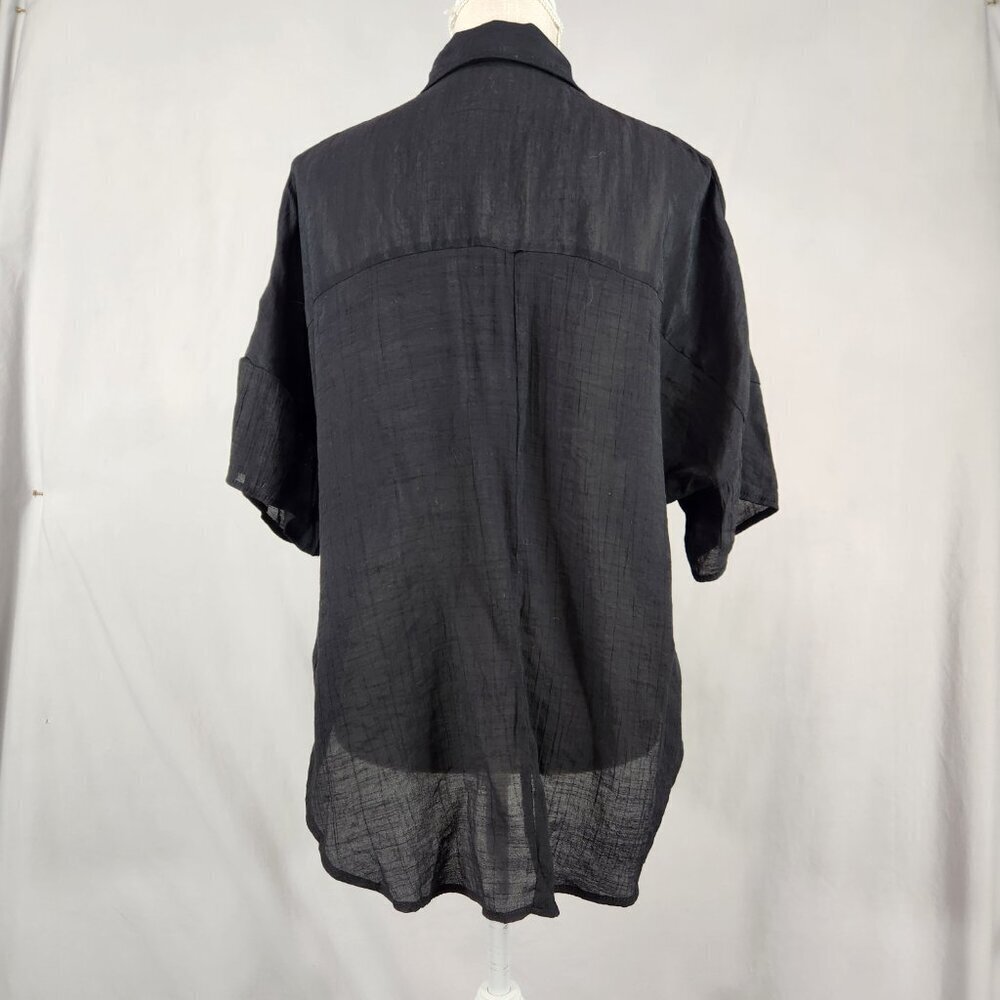 HYFVE Button Up Semi Sheer Blouse Women's M Black High Low Hem Short Sleeve Goth - Picture 2 of 7